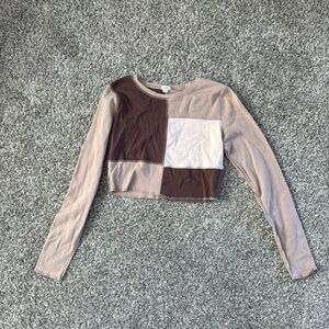Garage Brown Block Long Sleeve Cropped Tshirt